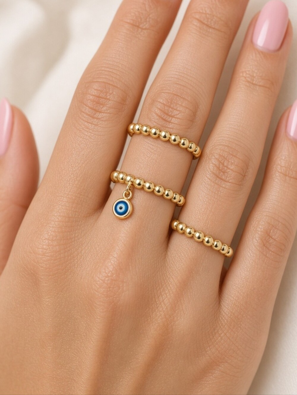 House of Harlow 1960 Gold Beaded Stretch Rings with Blue Evil Eye Charm Set Of 3